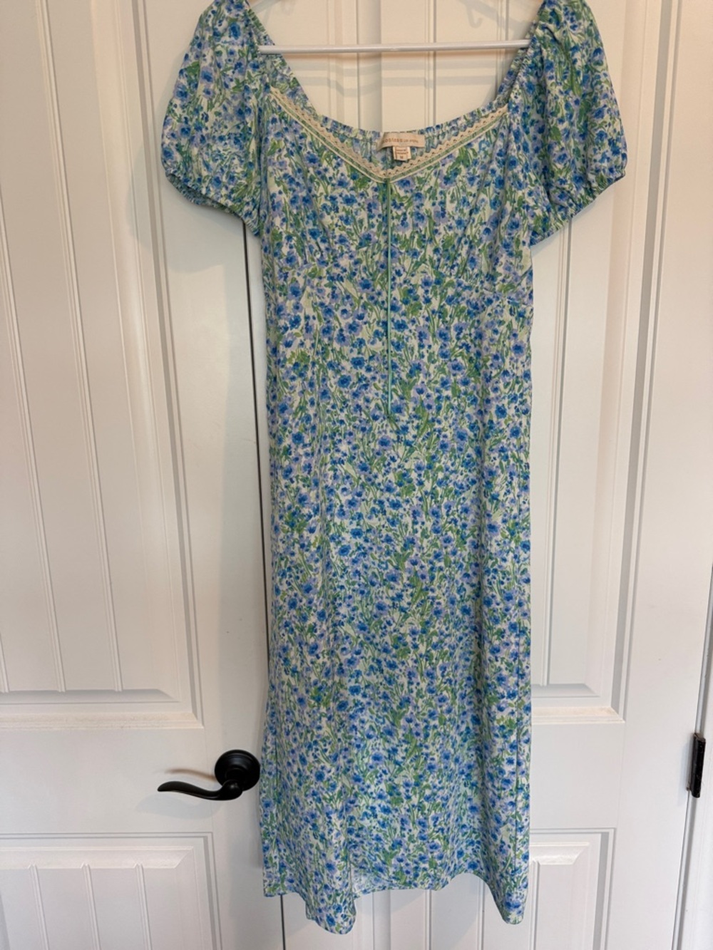 Monteau Blue and Green Floral Smocked Neck Dress